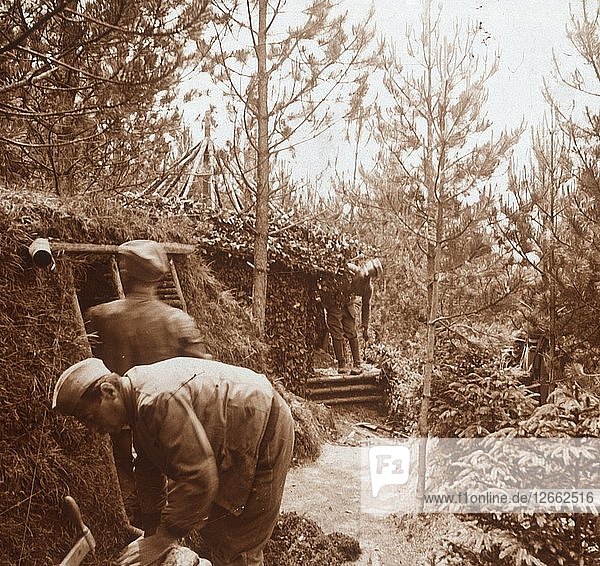 Soldiers in earth-covered shelters Genicourt northern France c1914-c1918. Artist: Unknown.