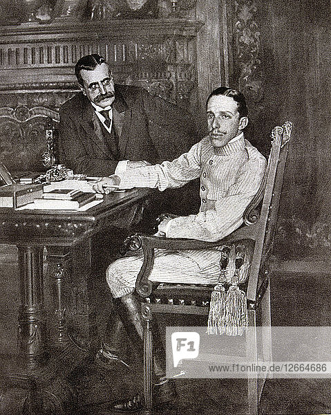 Alfonso XIII.  König von Spanien. (1886-1941)  mit seinem Premierminister Canalejas  nach dem Treffen von?