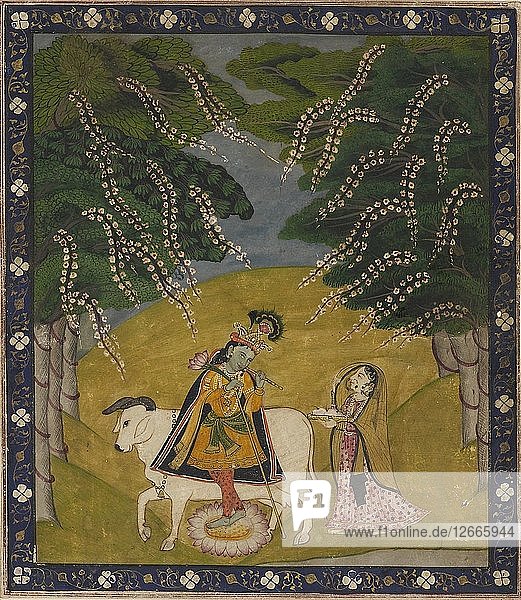 Krishna being offered cakes 19th-20th century. Artist: Unknown.