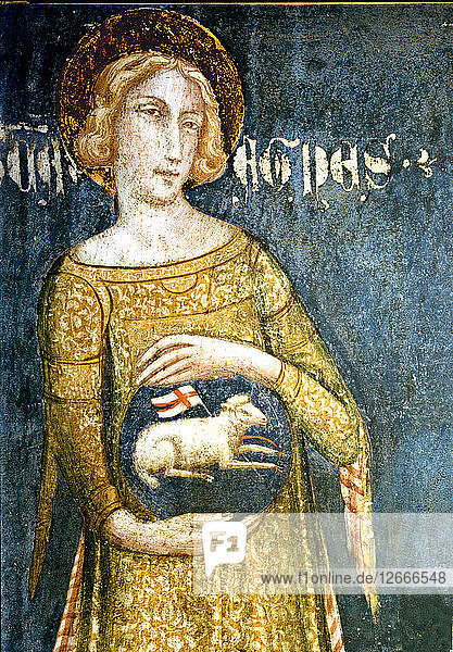 Agnus Dei Detail der Gemälde von Ferrer Bassa  Fresken  die in der Kapelle von Saint Mic?