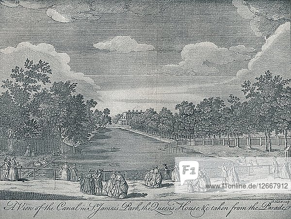Der Kanal im St. Jamess Park mit dem Haus der Königin von der Parade aus gesehen  1794  (1910). Künstler: Unbekannt  John Stevens.