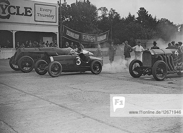 Fiat  Bugatti and Benz competing at a Surbiton Motor Club race meeting  Brooklands  Surrey  1928. Artist: Bill Brunell.