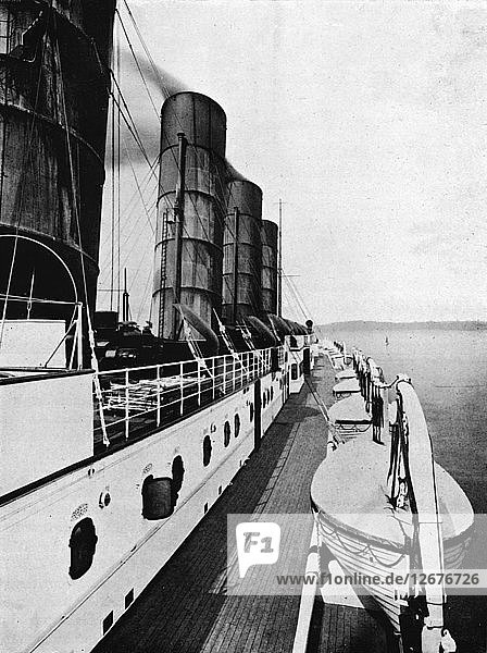 The boat deck of the Lusitania  showing lifeboats  1915. Artist: Unknown.