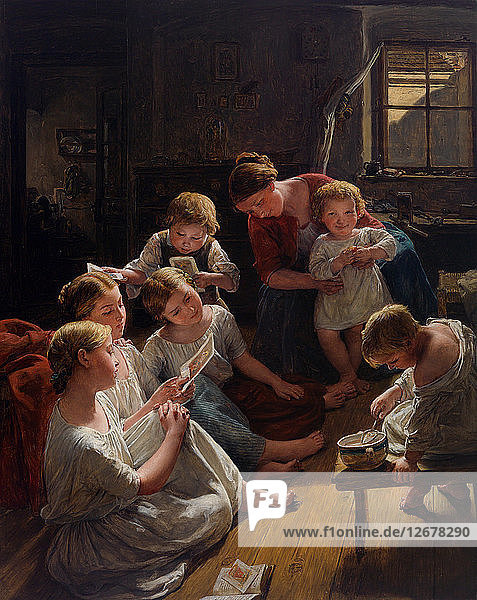 Kinder am Morgen beim Betrachten von Bildern  1853.