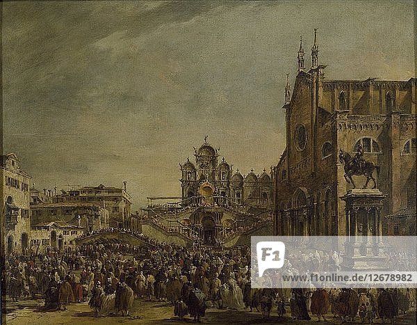 Papst Pius VI. segnet die Menschenmenge auf dem Campo SS Giovanni e Paolo  Venedig  1782. Künstler: Francesco Guardi.