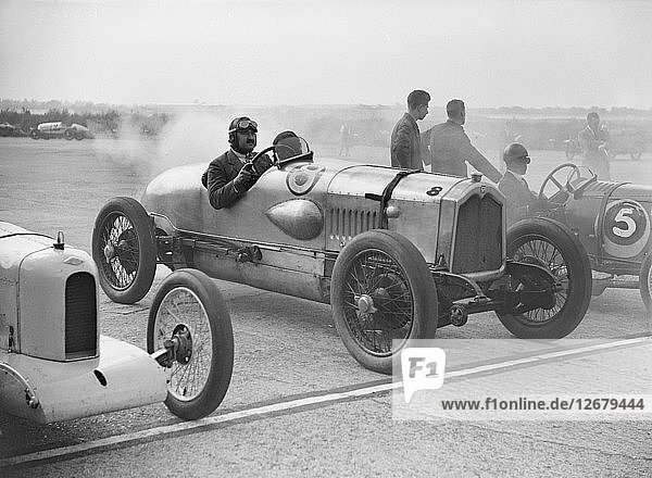 Riley  Buick and Bugatti on the start line at a Surbiton Motor Club race meeting  Brooklands  1928. Artist: Bill Brunell.