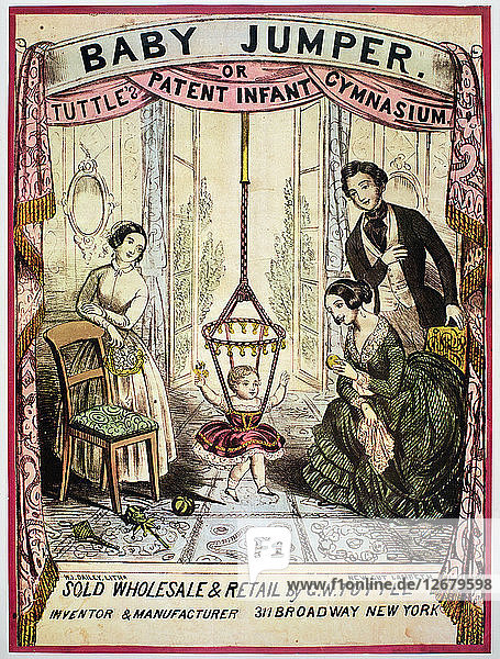 Werbeplakat für die selbstmontierte Springschaukel mit Gummiseil  Stich  1850.