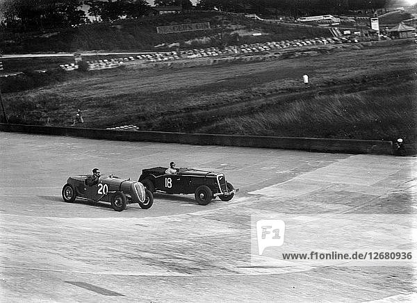 Fiat Balilla and Jensen racing at the BARC Meeting  Brooklands  15 October 1938. Artist: Bill Brunell.