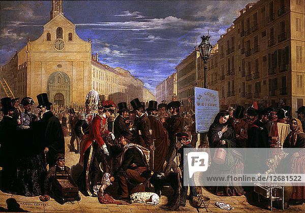 Traditionelles Madrider Volk an der Puerta del Sol in Madrid vor der Stadtreform  1855.