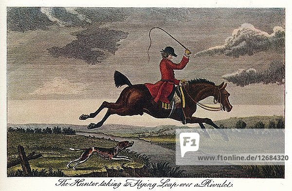 Der Jäger  der einen fliegenden Sprung über ein Flüsschen macht  um 1740  (1922). Künstler: James Seymour.