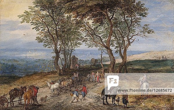 Country Road Scene with Figures: a Man Praying at a Shrine  c1610. Artist: Jan Brueghel the Elder.