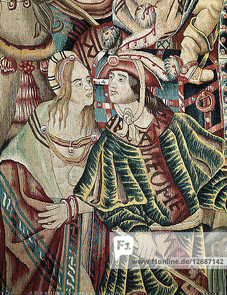 A Portuguese man and an Indian woman. Detail of a Flemish tapestry from Tournai its part of ?