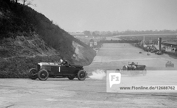 Bentley of Tim Birkin and Austro-Daimler of Edgar Fronteras  BARC meeting  Brooklands  1930. Artist: Bill Brunell.