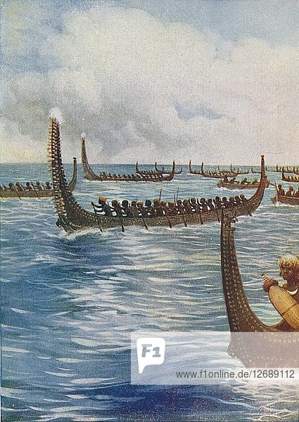 Polynesian War Canoes  1924. Artist: Unknown.