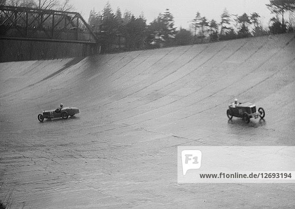 MG M type and Riley 9 Brooklands racing at a BARC meeting  Brooklands  Surrey  1931 Artist: Bill Brunell.
