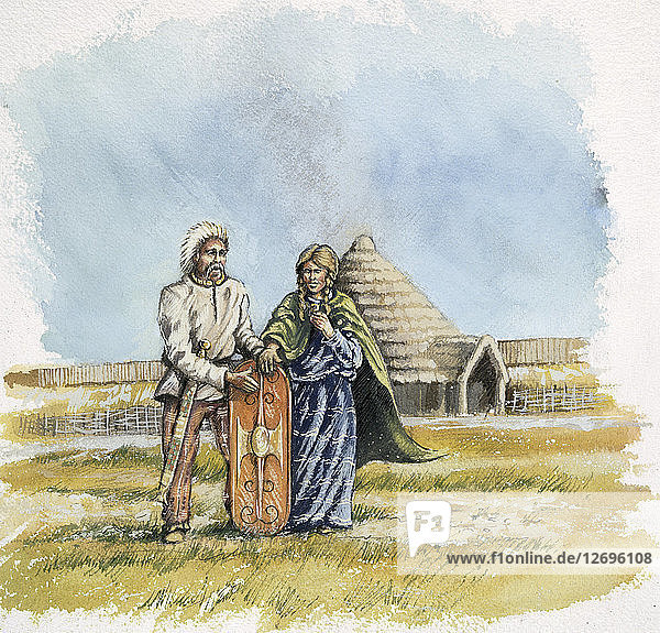 Mann und Frau aus der Eisenzeit  ca. 400 v. Chr.  (ca. 1990-2010). Künstler: Peter Dunn.