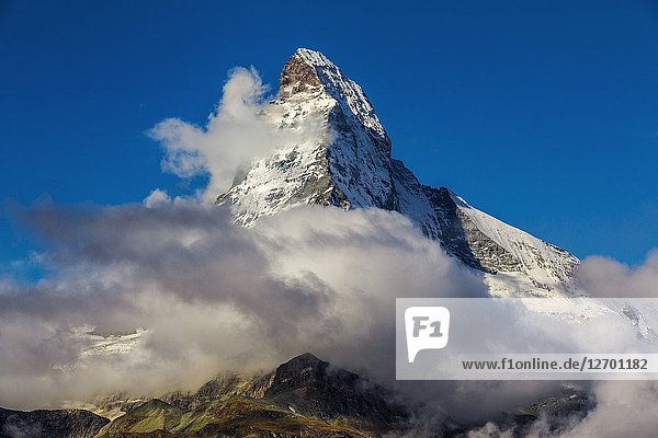 Matterhorn mountain peak. Cervino mountain peak. Zermatt. Swiss Alps. Valais. Switzerland. Europe.