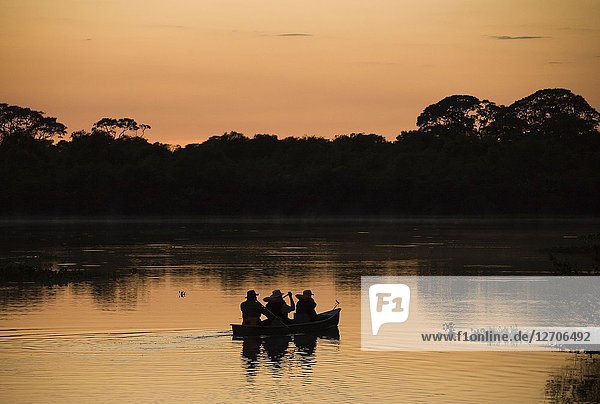 Boat at sunrise on the Rio Claro  Pantanal  Brazil.