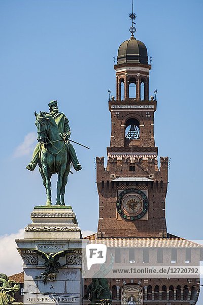 The Statue of Giuseppe Garibaldi and the Sforza Castle. Milan  Lombardy  Italy  Europe.