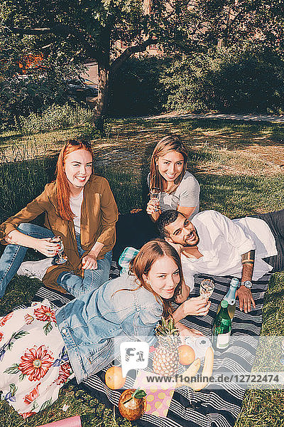 High angle portrait of young multi-ethnic friends enjoying picnic during summer at back yard