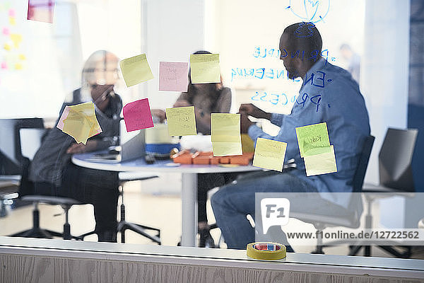 Adhesive notes stuck on glass while business professionals working in background