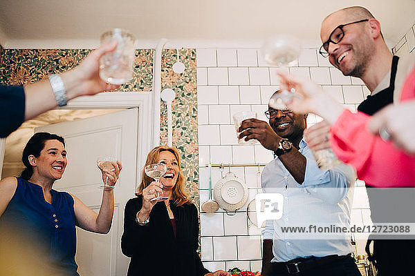 Happy mature friends toasting drinks in party at home