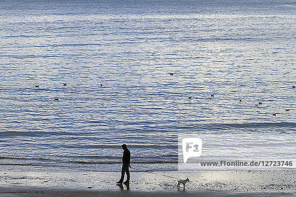 Ein Mann mit seinem Hund am Meer.