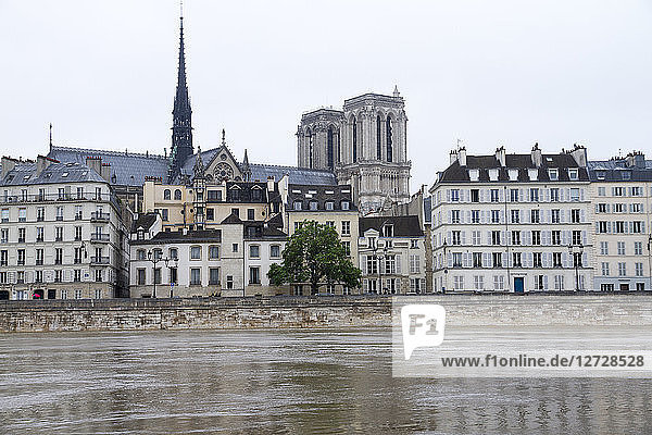 Frankreich  Paris  Hochwasser der Seine  im Hintergrund die Kathedrale Notre Dame (2. Juni 2016)