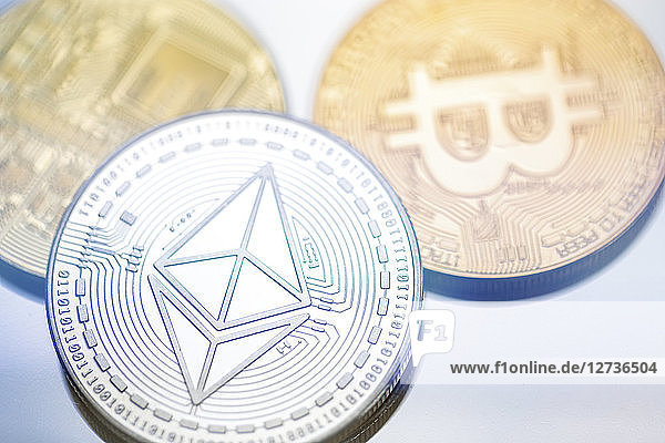 Ethereum and bitcoin  close up