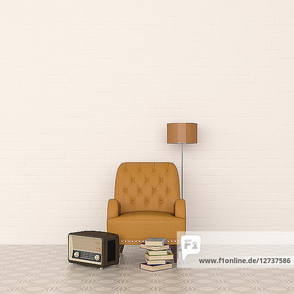 3D rendering  Leather armchair and floor lamp with radio and stack of books