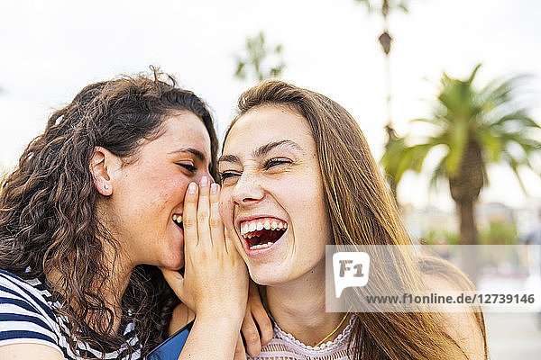 Two happy female friends whispering and laughing