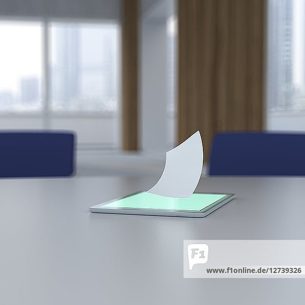 3D rendering  Sheet of paper hovering over digital tablet on desk