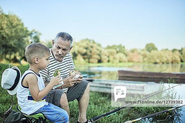 Grandfather and grandson eating sandwiches together at lakeshore