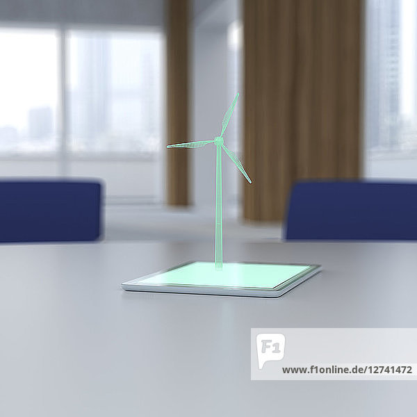 3D rendering  Wind turbine coming out of digital tablet on desk