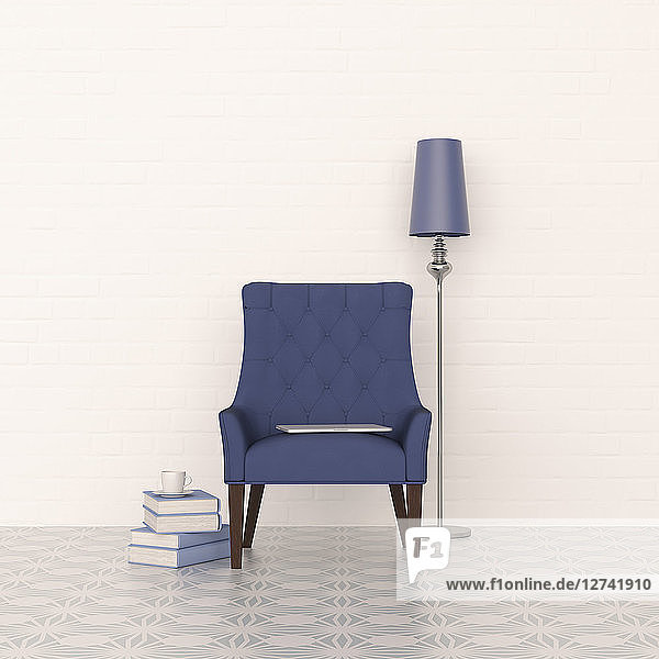 3D rendering  Blue armchair and floor lamp with stack of books