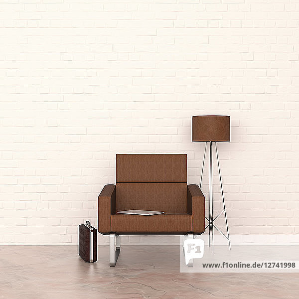 3D rendering  Brown armchair and floor lamp with laptop and briefcase
