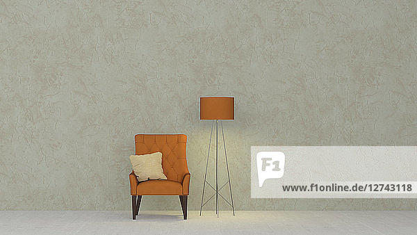 3D rendering  Yellow armchair and floor lamp against marbled wall