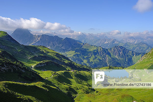 Germany  Bavaria  Allgaeu Alps  Oberstdorf  view from Zeigersattel to Seealpsee with Hoefats