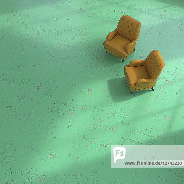 3D rendering  Two armchairs on green floor