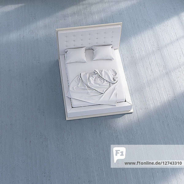 3D rendering  Bed with used bedding on blue concrete floor