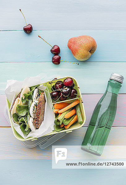 Healthy school food in a lunch box  vegetarian sandwich with cheese  lettuce  cucumber  egg and cress  sliced carrot and celery  cherries and pear