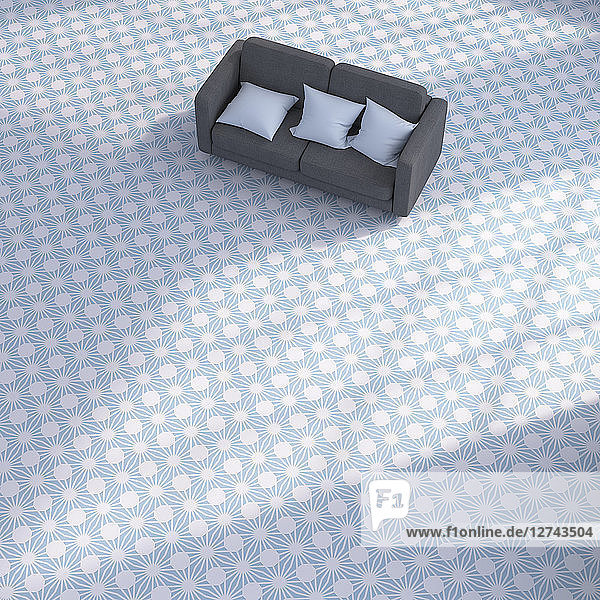 3D rendering  Couch with cushions on patterned floor