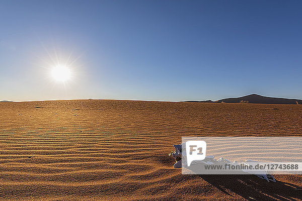 Africa  Namibia  Namib desert  Naukluft National Park  sand dune  skeleton in the sand  against the morning sun
