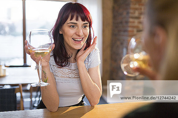 Happy female friends at home drinking white wine