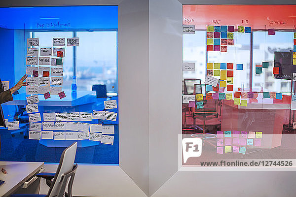 Sticky notes on a glass pane in modern office
