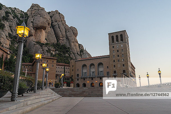 Spain  Catalonia  Montserrat  Santa Maria de Montserrat Abbey in the evening