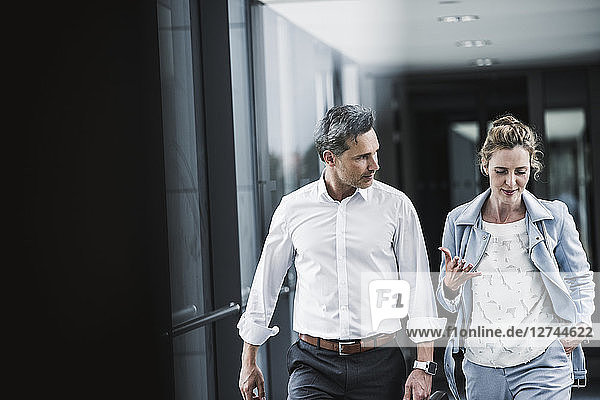 Businesswoman and businessman talking in office passageway