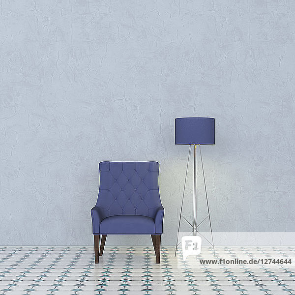 3D rendering  Blue armchair and floor lamp against marbled wall
