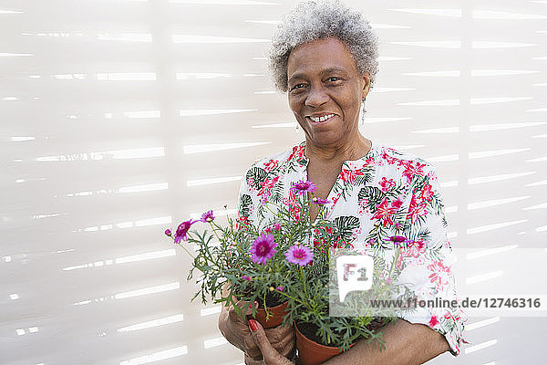 Portrait smiling  confident active senior woman gardening  holding flowerpots