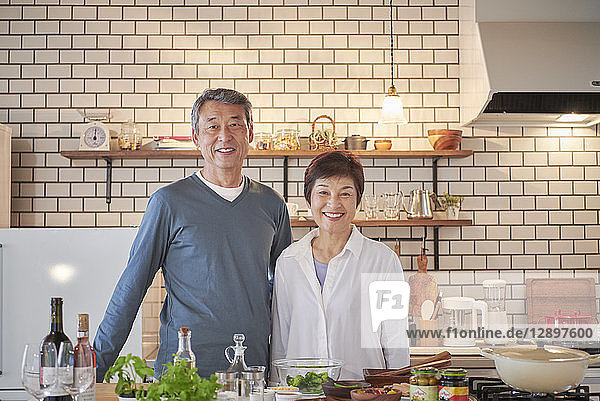 Japanese senior couple in the kitchen